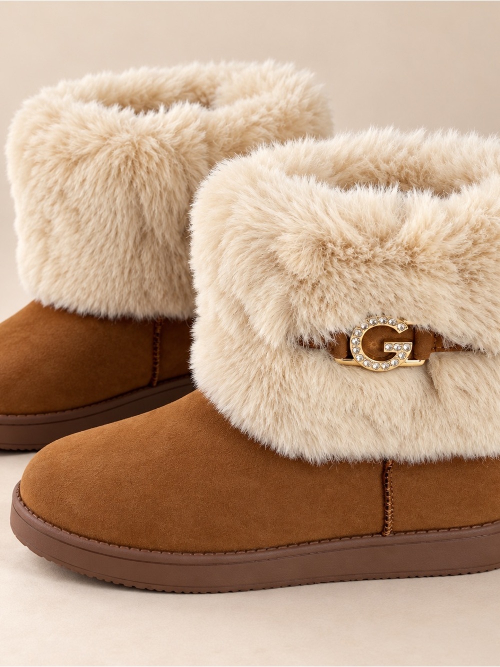 GBG BY GUESS BROWN FAUX SUEDE FAUC FUR ANKLE BOOTS RHINESTONE G. Size 5.5